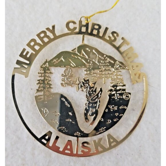 Alaska Christmas gold metal ornament sled dog Iditarod 3d movable mountains tree - Picture 1 of 4